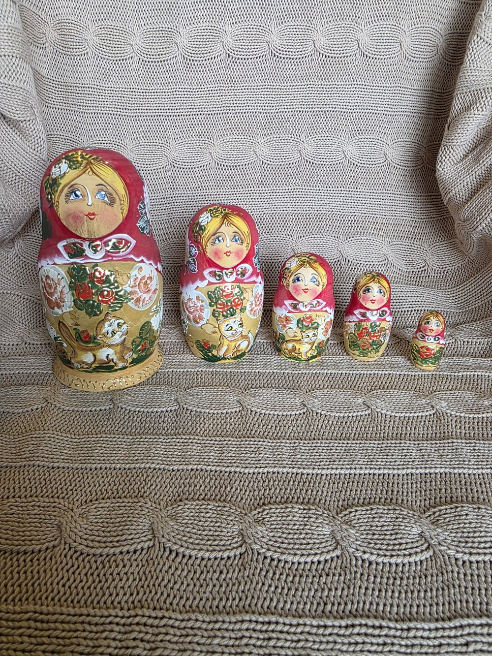 Russian Stacking Doll 5 Matryoshka Signed Dated Red Green Gold Cat Floral 6.25"